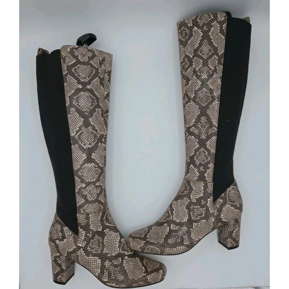 Donald Pliner Womens SZ 6.5 Snake Print Riding Boot Block Heel Boots EUC Parley